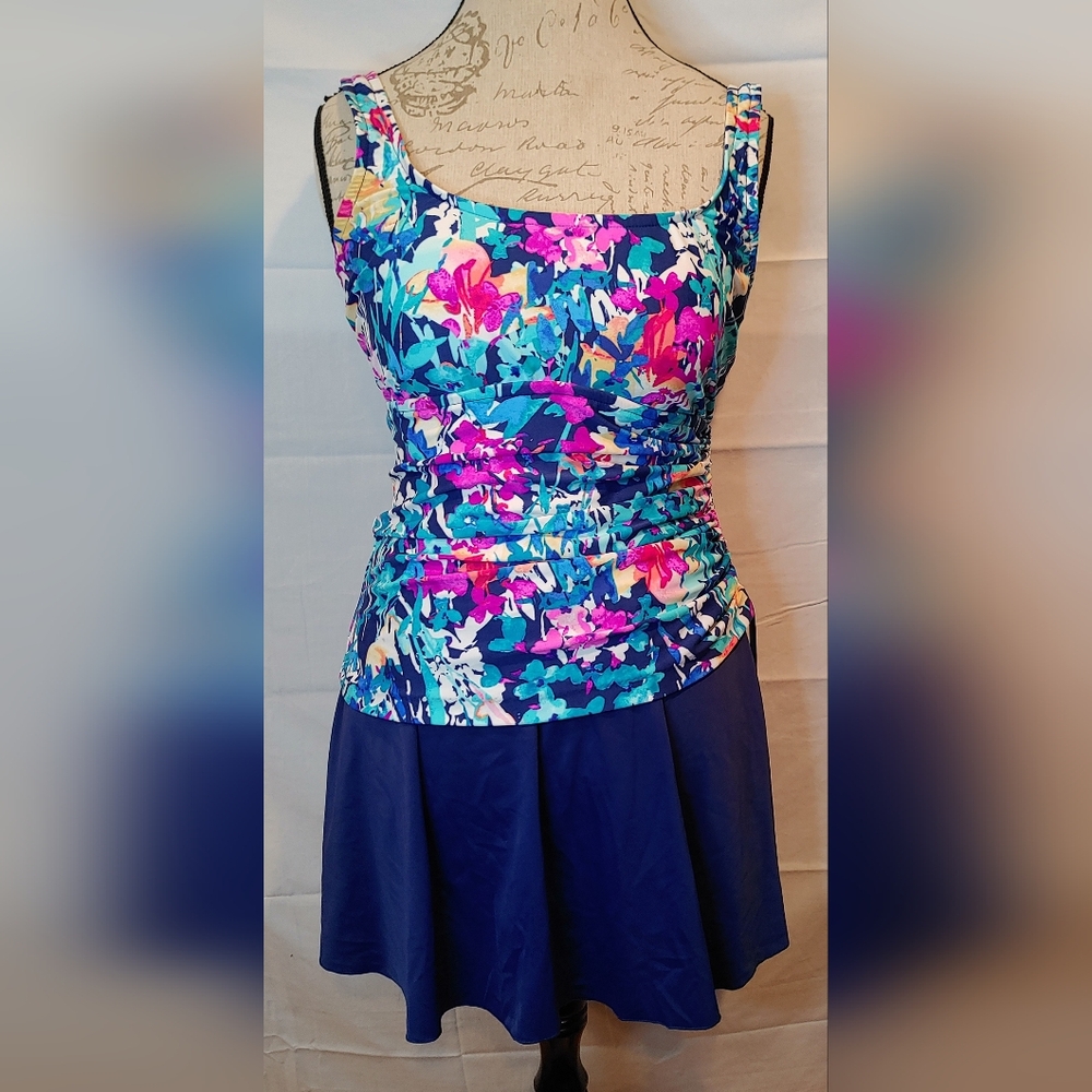 Azul Floral Watercolor One Piece Women Tank Top Swim Dress Size 12 EUC Swimsuit